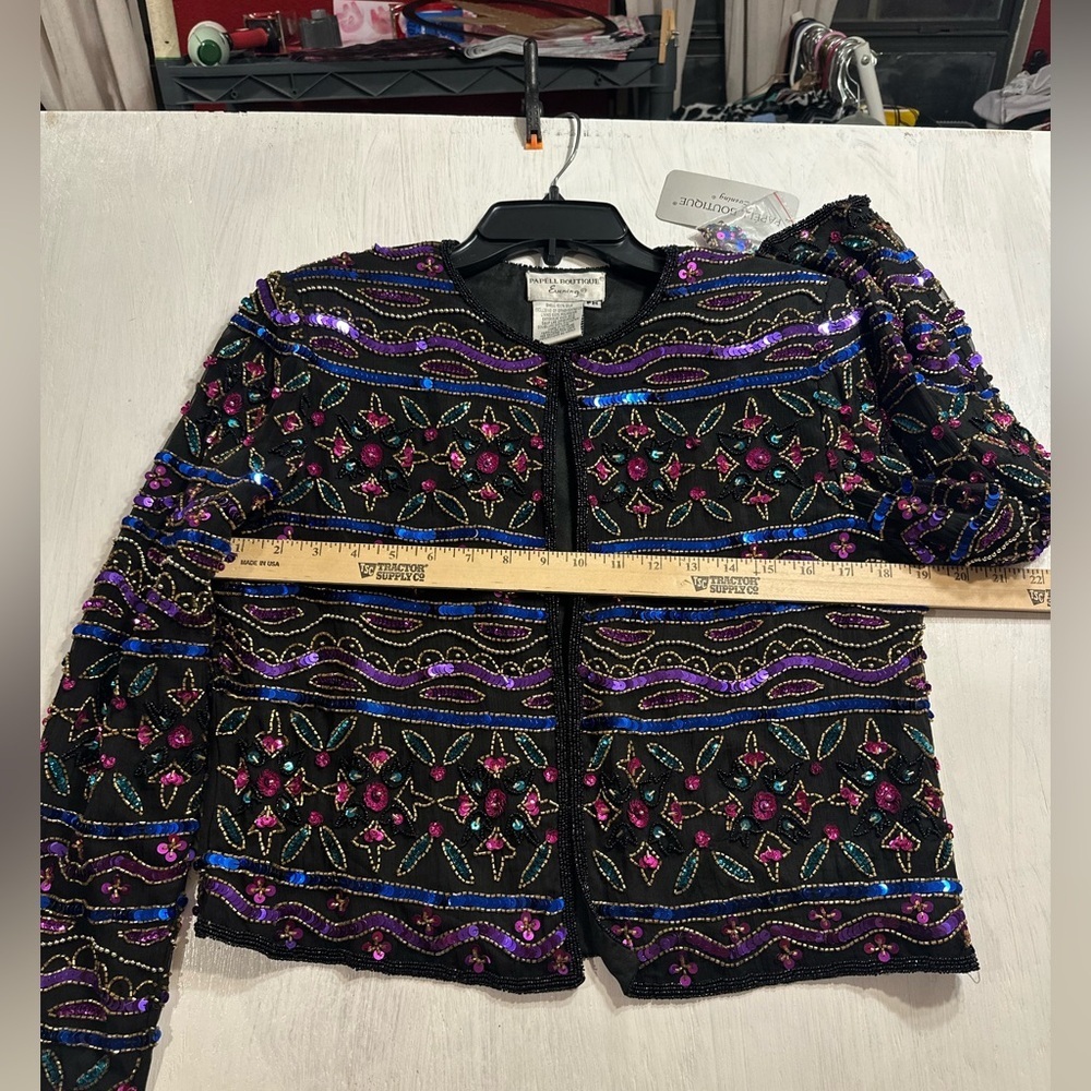 Papell Boutique Evening Beaded Silk Jacket PM Black Purple Blue Gold Sequins NWT - Picture 4 of 9